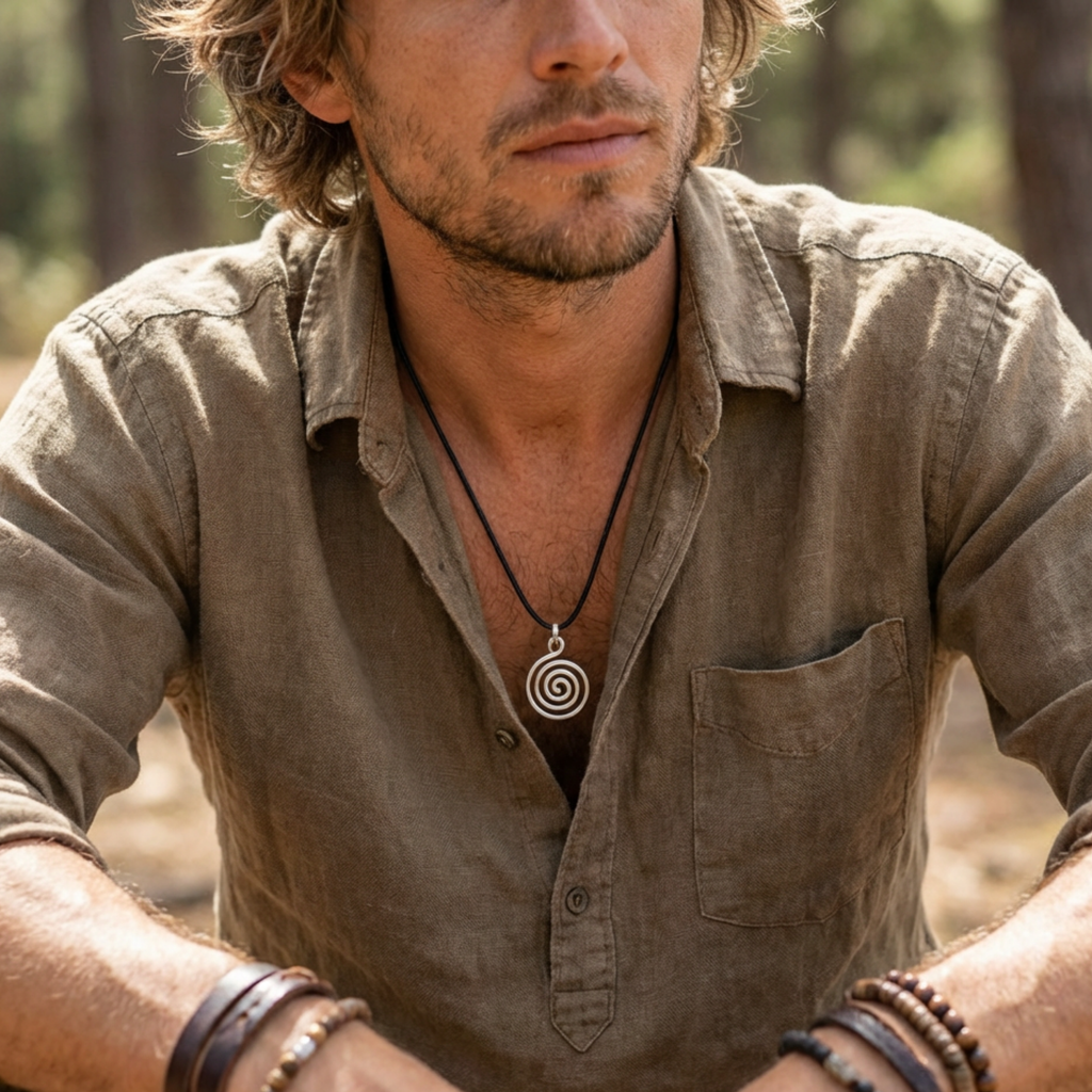 Man wearing a brown shirt with a spiral pendant necklace in a forest setting