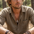 Man wearing a brown shirt with a spiral pendant necklace in a forest setting