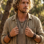 Man with long hair and beard wearing a necklace with a spiral pendant outdoors.