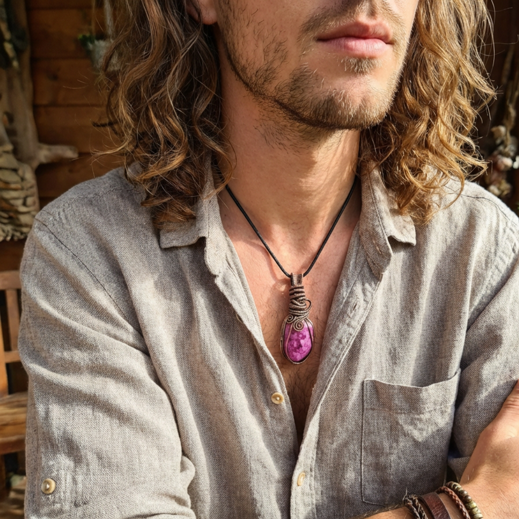 Man wearing a light gray shirt with a necklace featuring a pink stone.