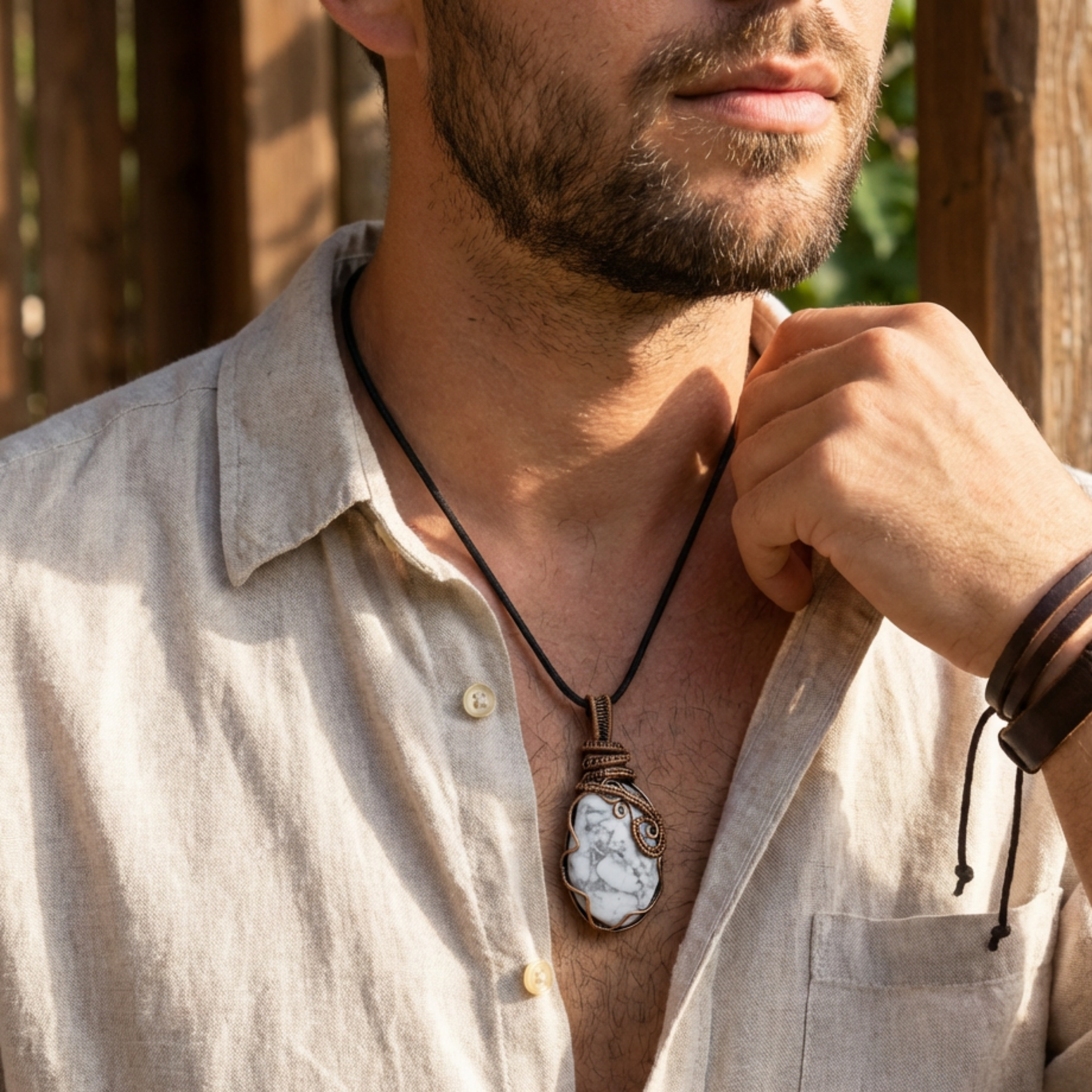 Man wearing a necklace with a stone pendant outdoors