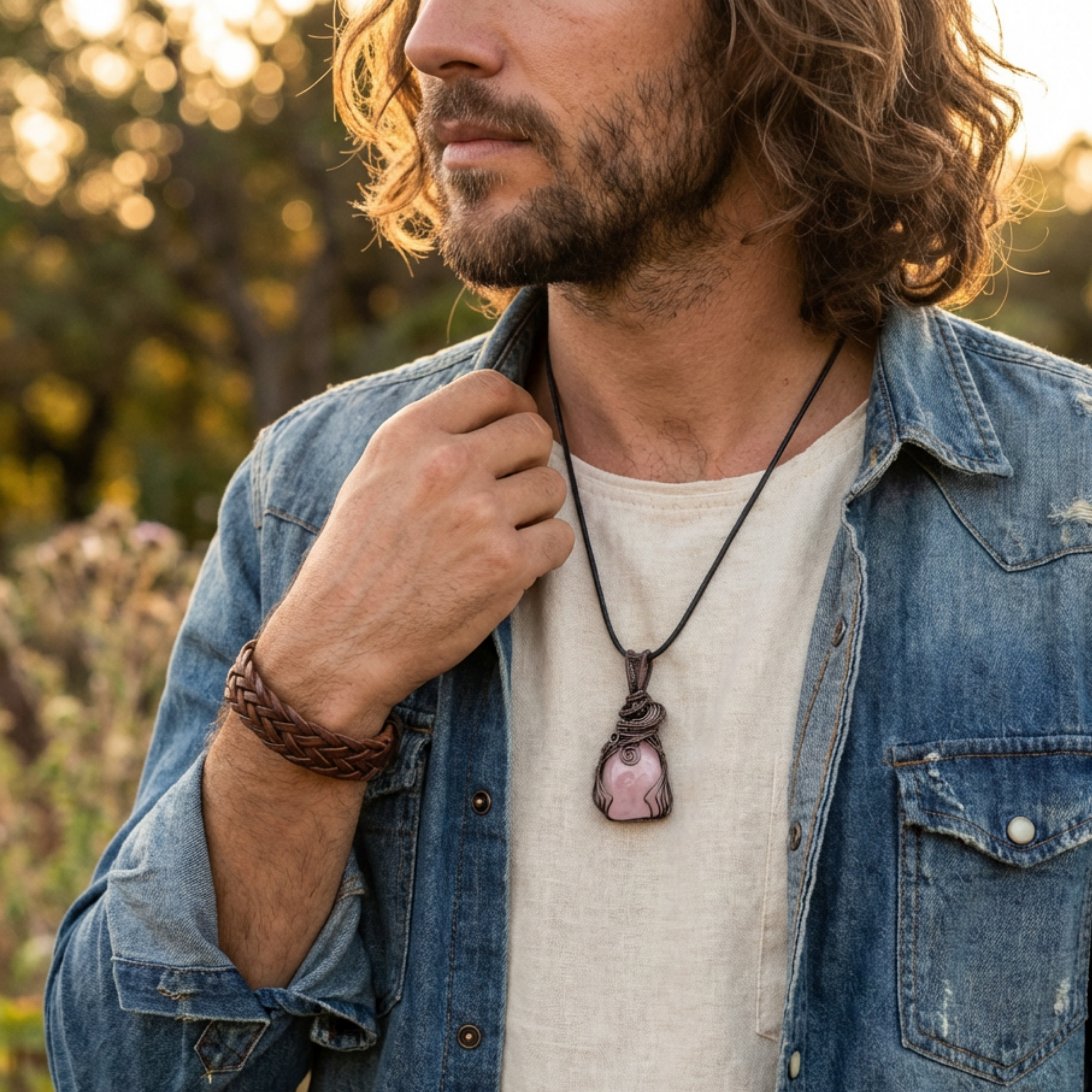Man wearing a denim jacket and white shirt with a necklace featuring a pink stone, standing outdoors.