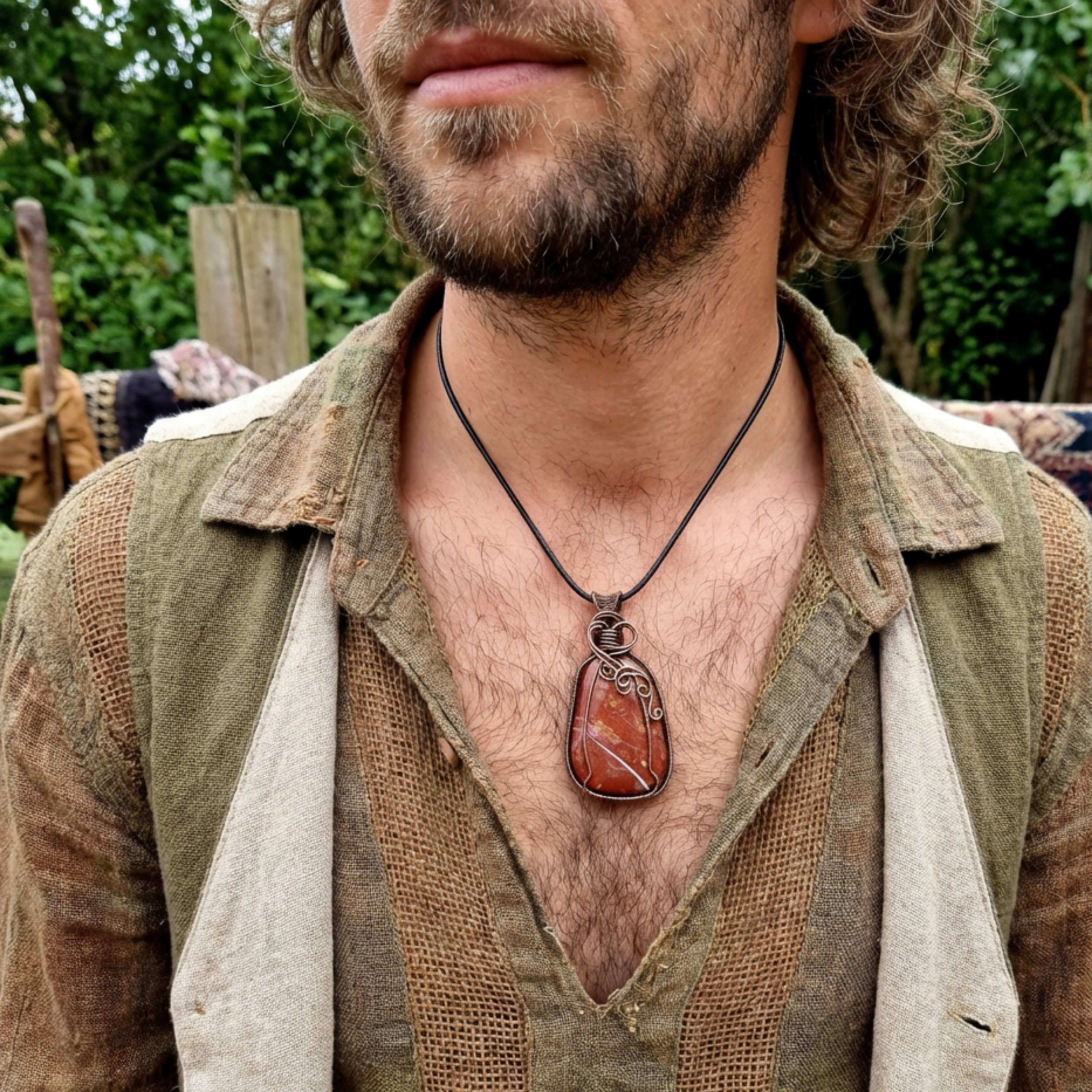 Man wearing a necklace with a large red jasper pendant outdoors