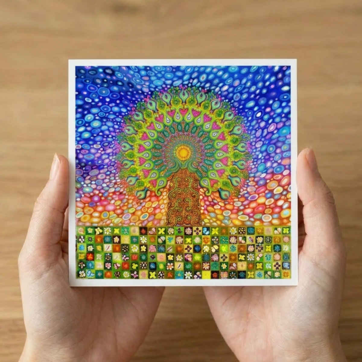Colourful mandala art held by hands on a wooden surface