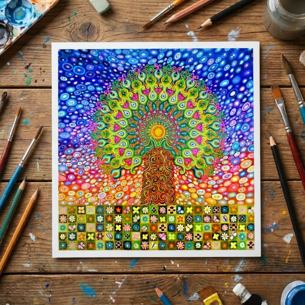 Colourful mandala art Tree of Life on a wooden surface with artist tools.