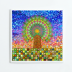 Colourful abstract artwork with a central mandala design on a white background