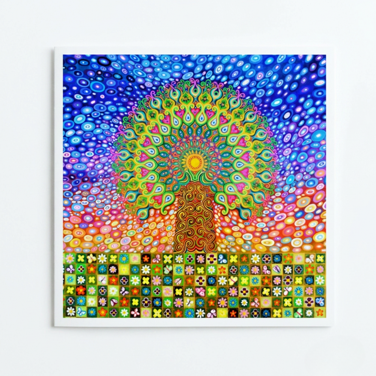 Colourful abstract artwork with a central mandala design on a white background