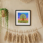 Framed colourful abstract mandala Tree of life art piece on a wall with hanging plants and pampas grass.