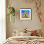 Decorative bedroom with a colourful abstract painting, hanging plant, and patterned pillows.