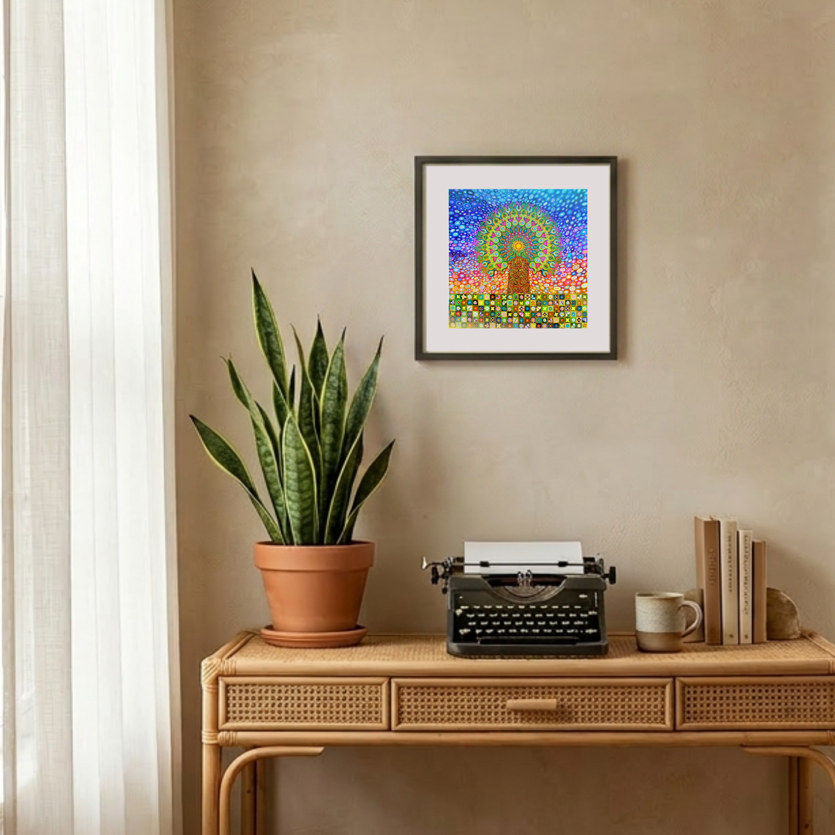 Decorative setup with a potted plant, typewriter, and framed artwork on a beige wall.