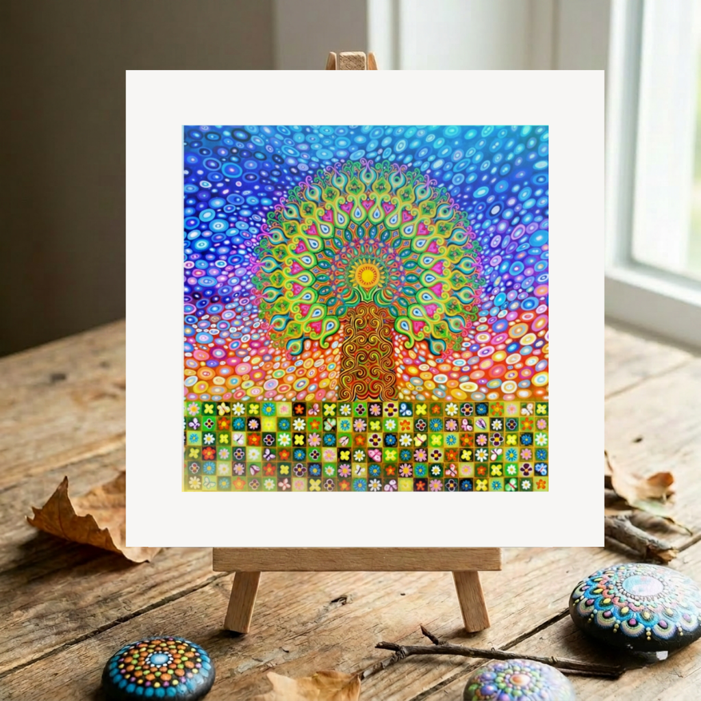 Colourful mandala Tree of Life art on a small easel with decorative stones on a wooden surface.