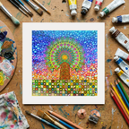 Colourful abstract artwork on a wooden surface with art supplies