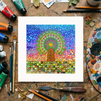 Colourful abstract artwork on a wooden surface with art supplies.