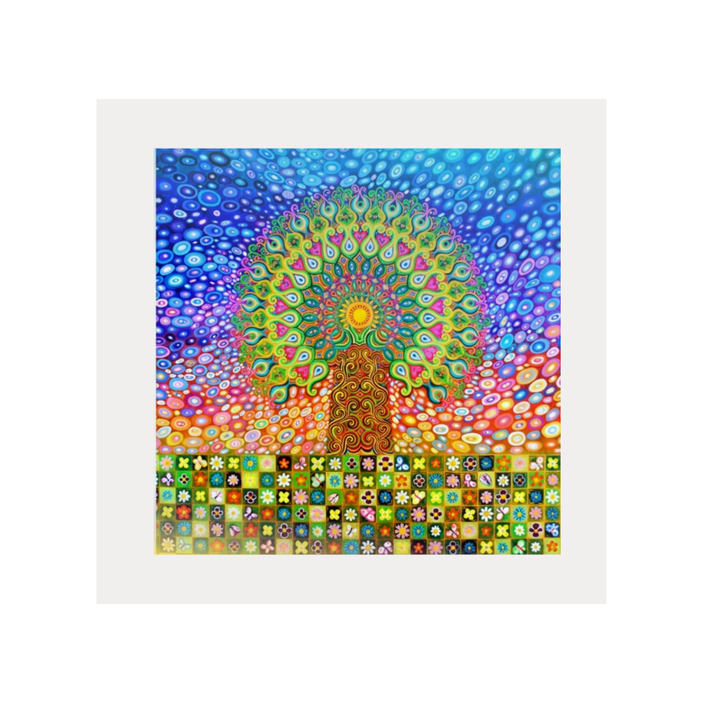 Colourful abstract artwork with a central tree design on a white background