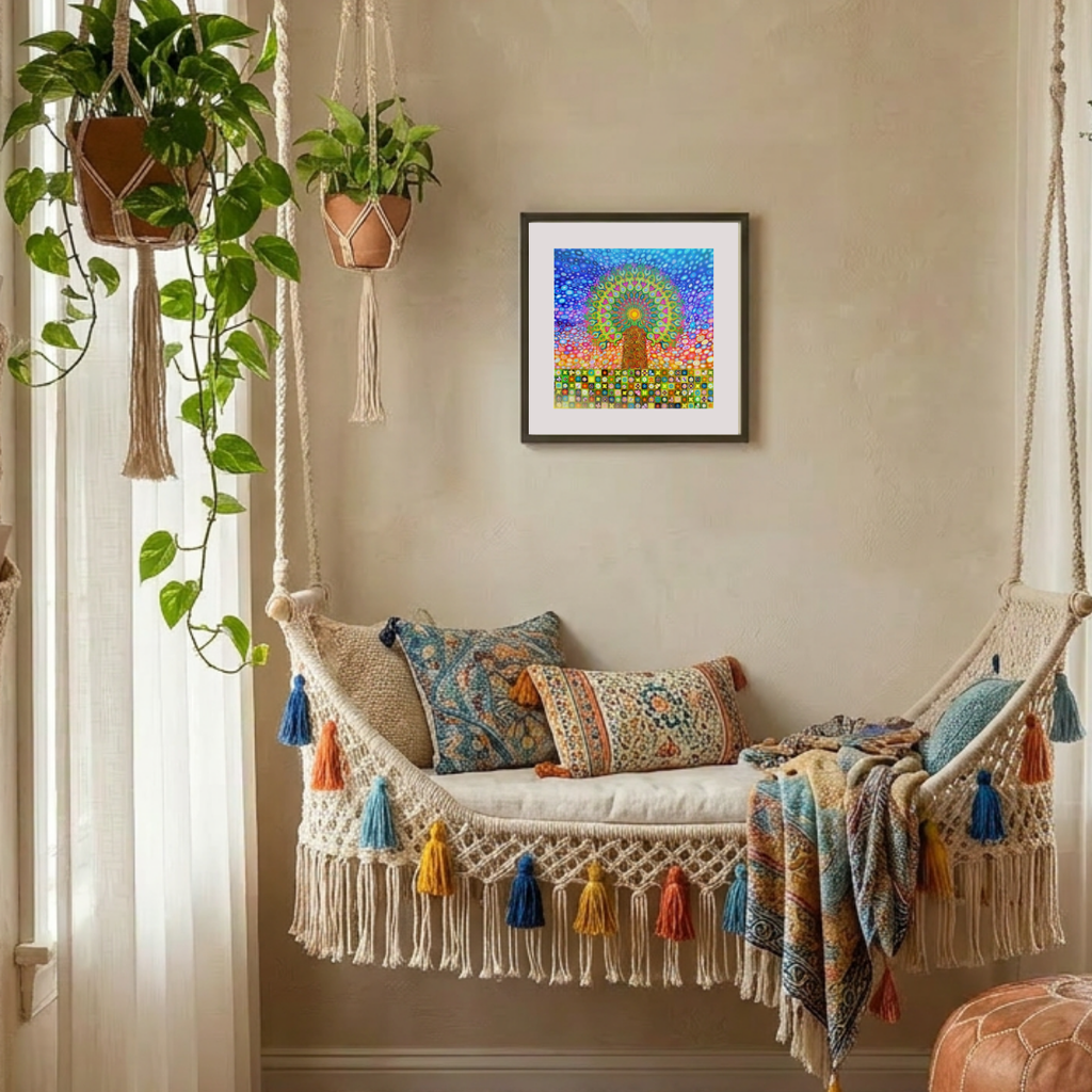 Decorative indoor swing with colourful pillows and a framed mandala Tree of Life artwork on the wall.