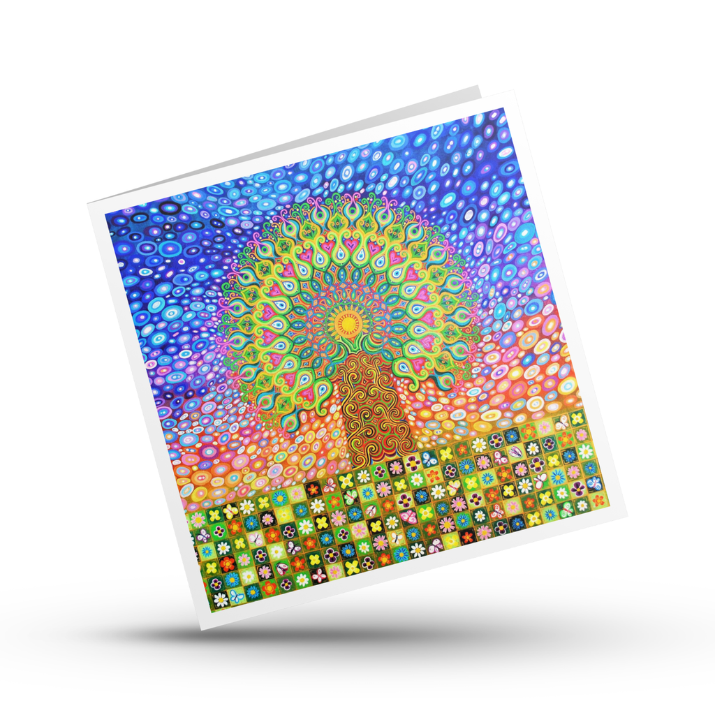 Colourful abstract design of a mandala tree of life greeting card on a white background