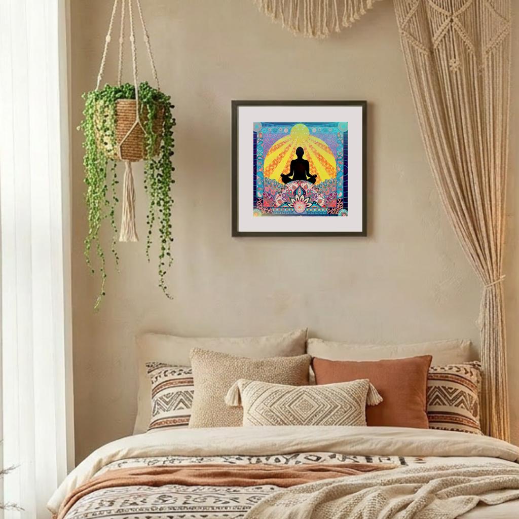 Bedroom with a colourful abstract painting of a meditating figure on the wall.
