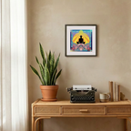 Decorative setup with a potted plant, typewriter, and framed artwork on a beige wall.