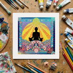 Colourful artwork of a meditating figure on a wooden surface with art supplies.