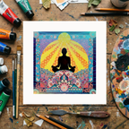 Colourful artwork of a meditating figure on a wooden surface with art supplies.