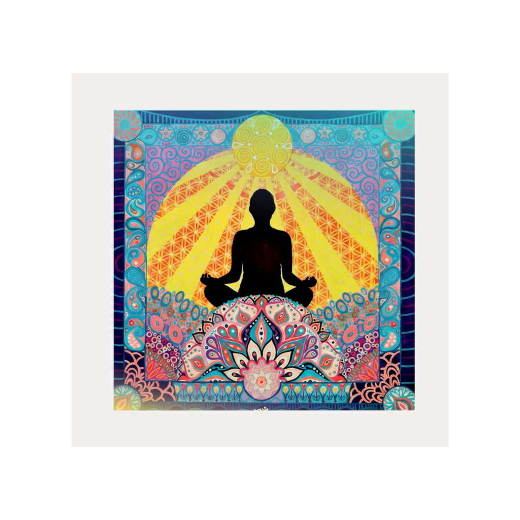 Art print with a silhouette of a meditating figure in front of a colourful mandala design.