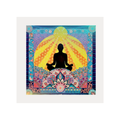 Art print with a silhouette of a meditating figure in front of a colourful mandala design.