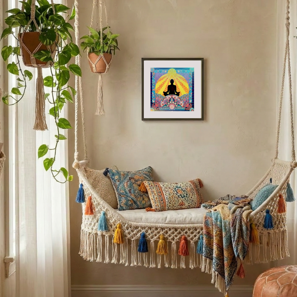 Decorative indoor swing with colourful pillows and a framed artwork on the wall.
