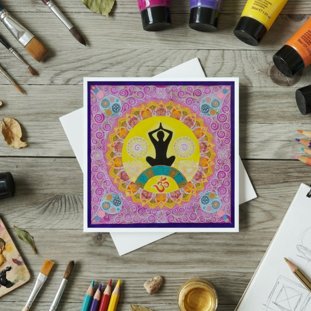 Colourful card with yoga pose design on a wooden surface with art supplies.