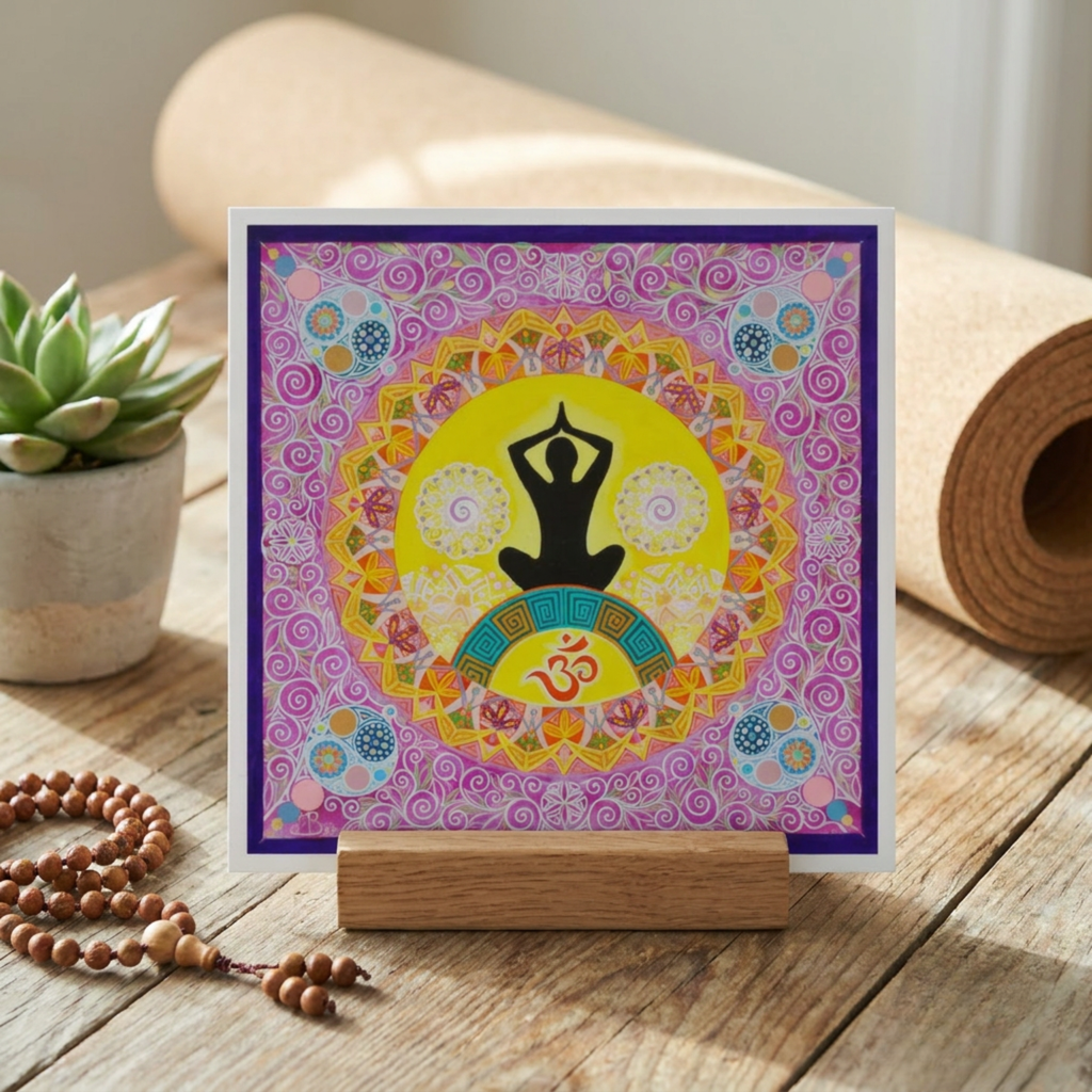 Decorative card with yoga pose design on a wooden stand, surrounded by a plant, beads, and a yoga mat.
