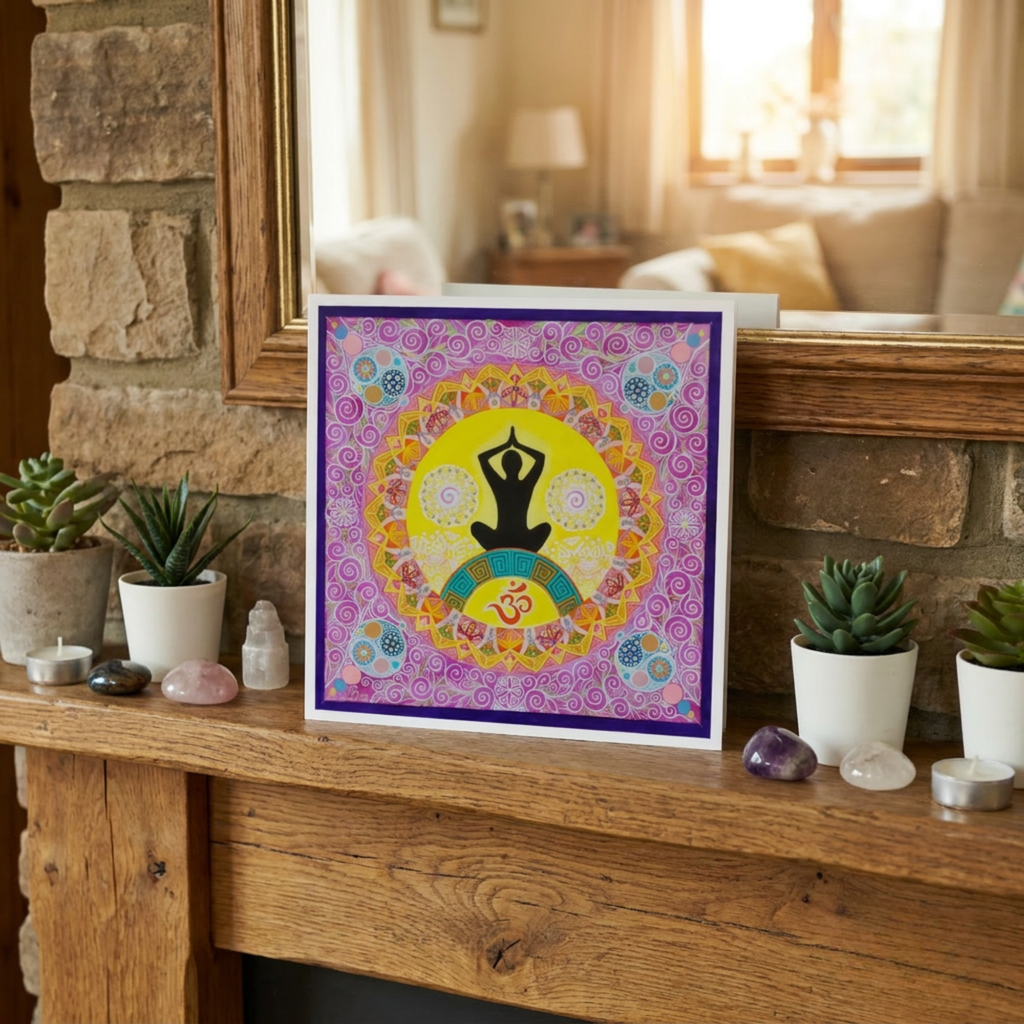 artwork greeting card with a colourful design on a wooden surface in a home setting.