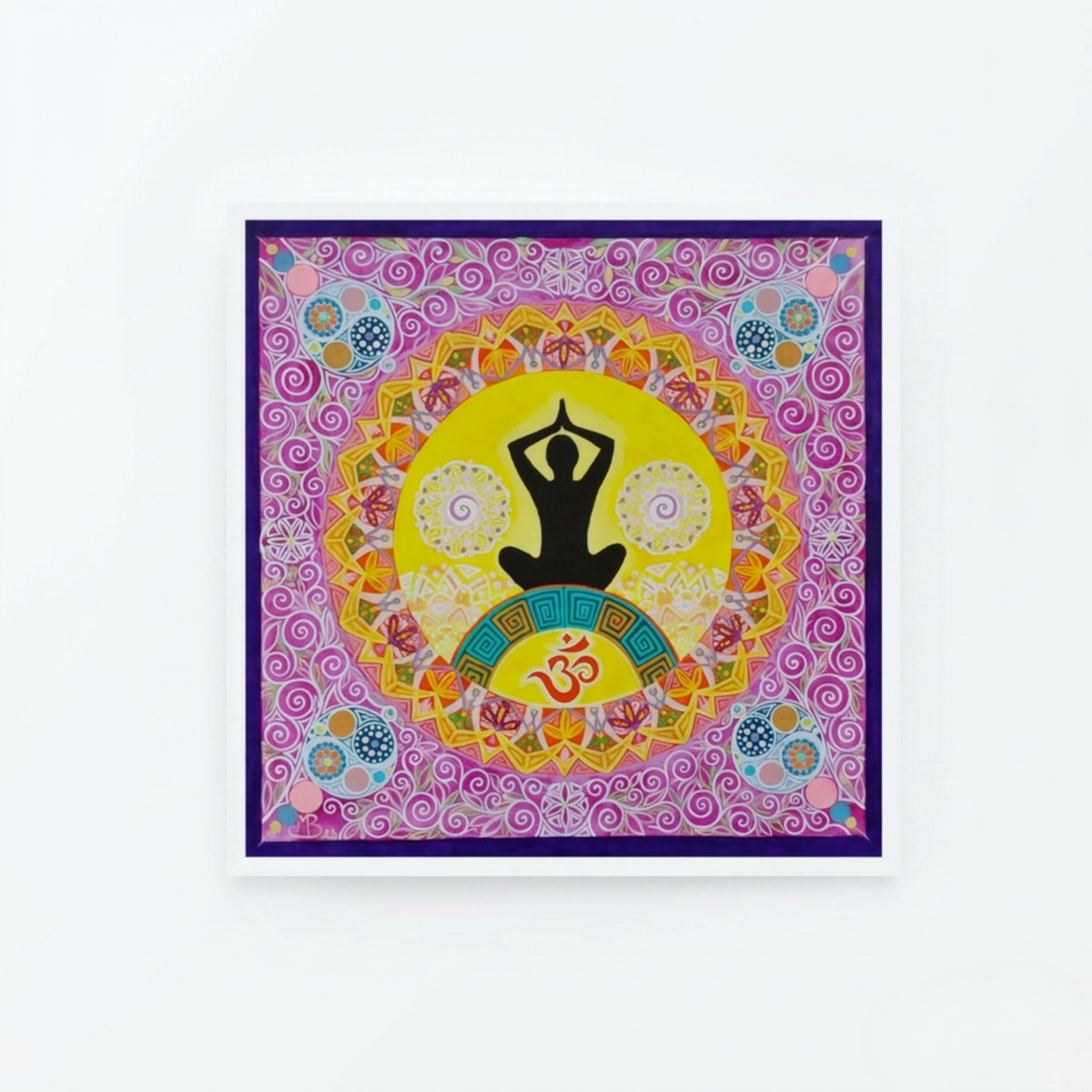 Colourful greeting card with a central yoga pose design on a white background