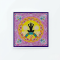 Colourful greeting card with a central yoga pose design on a white background
