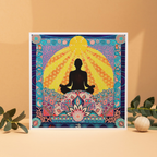 Decorative poster with a meditating silhouette and colorful patterns on a beige background