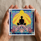 Colourful card with a meditating figure held by hands against a textured background