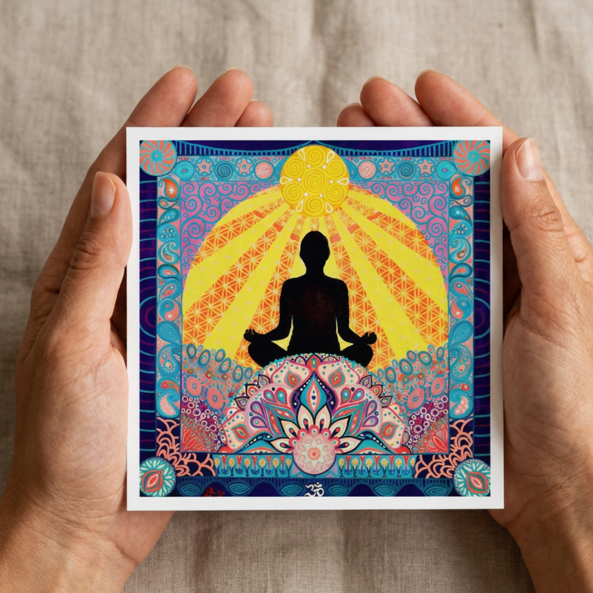 Colourful card with a meditating figure held by hands against a textured background