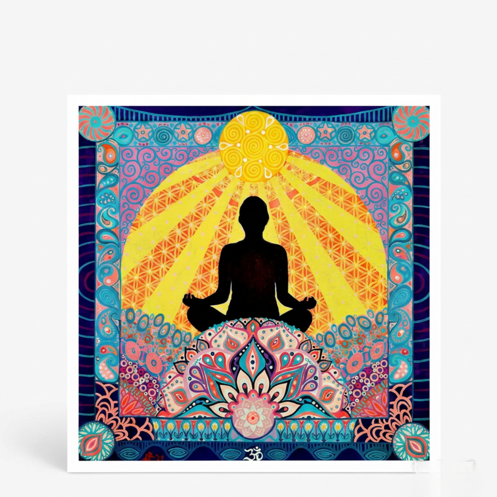 Colourful greeting card with a silhouette of a person meditating and intricate patterns.