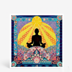 Colourful greeting card with a silhouette of a person meditating and intricate patterns.