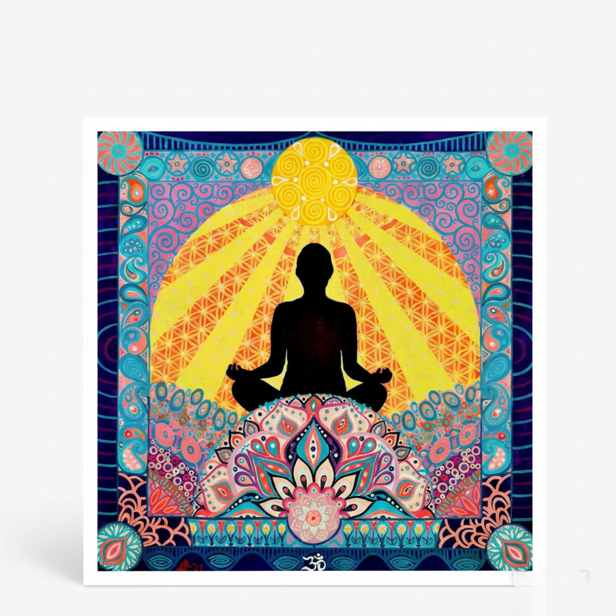 Colourful greeting card with a silhouette of a person meditating and intricate patterns.