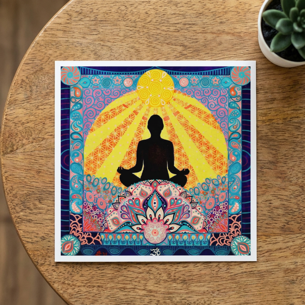 Mandala Yoga Lotus Flower Meditate Greeting Card on a wooden table