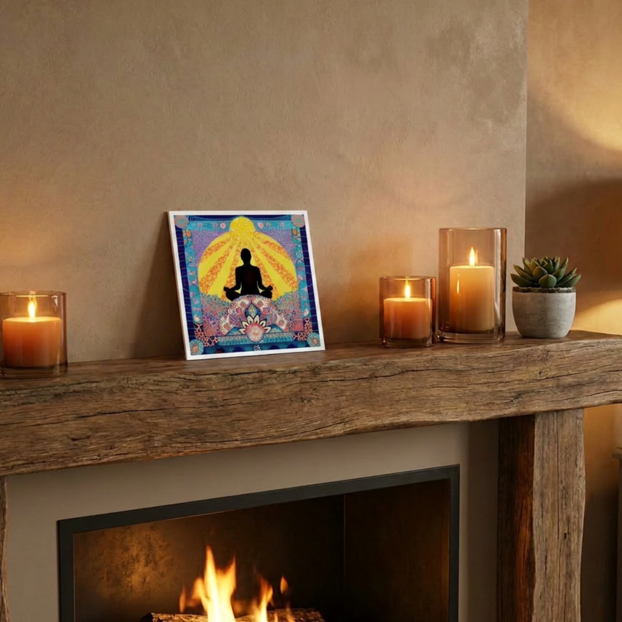 Artwork Greeting card of a meditating figure on a fireplace mantle with candles and a small plant.