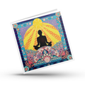 Colorful card with a meditating figure and mandala design on a white background