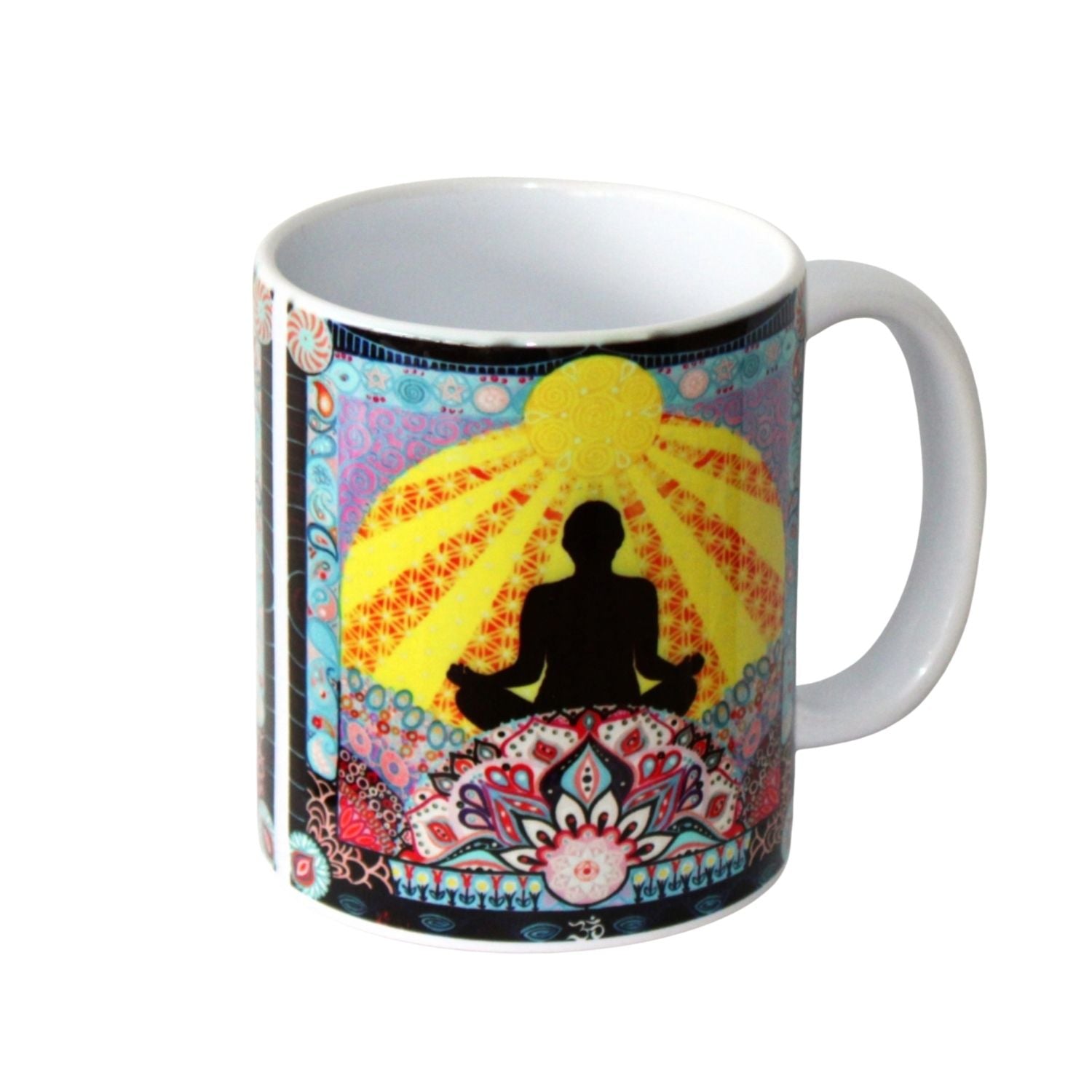 Mug with a meditating silhouette design on a colorful background