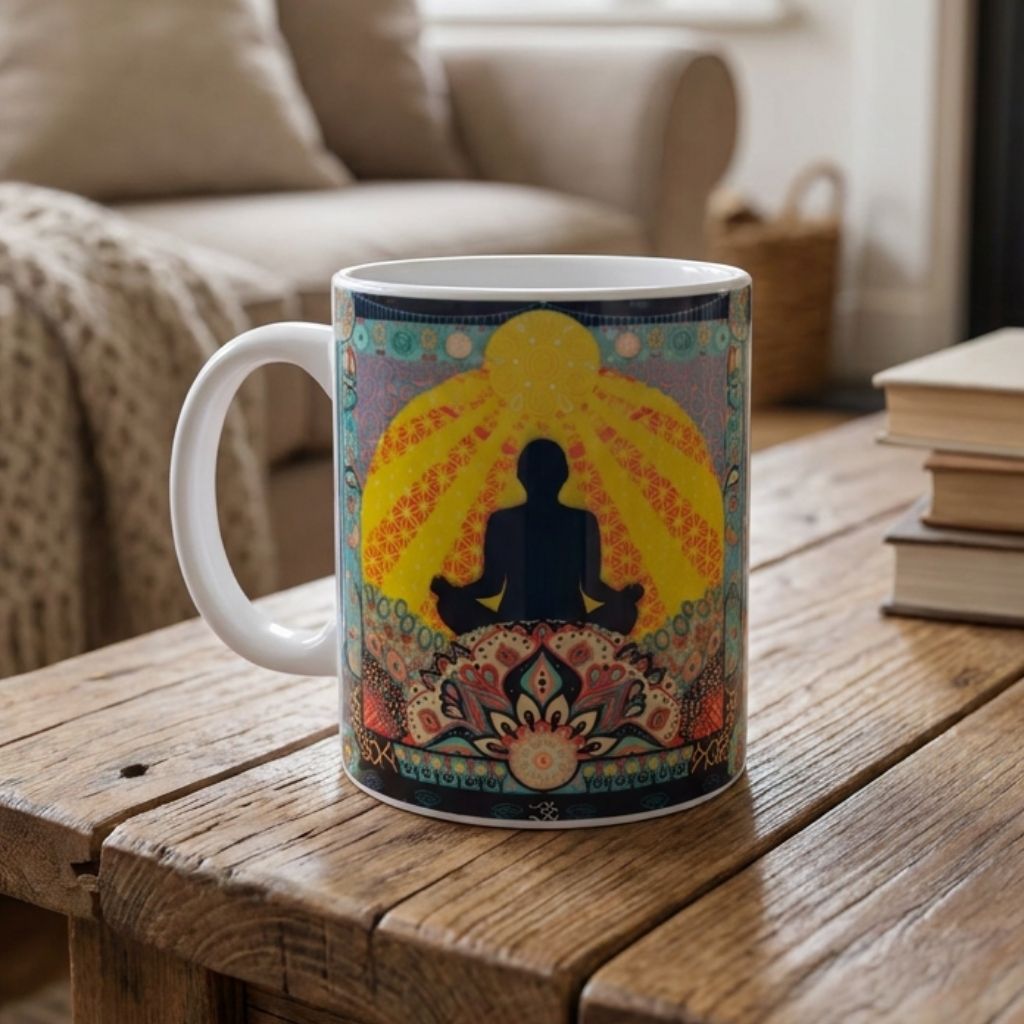 Mug with a meditating figure design on a wooden table