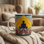 Mug with a meditating figure design on a textured surface in a cozy living room.
