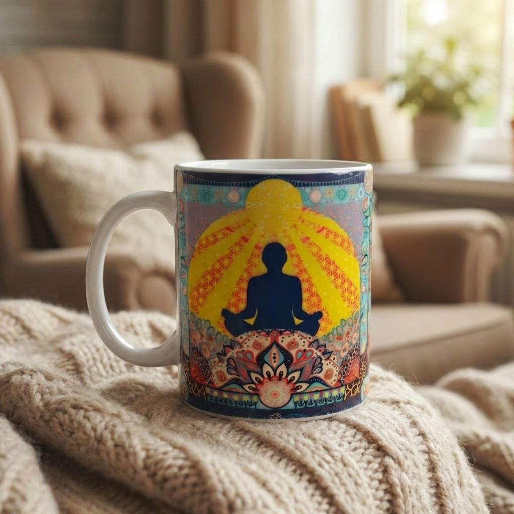 Mug with a meditating figure design on a textured surface in a cozy living room.