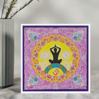 Decorative card with yoga pose and mandala design on a purple border