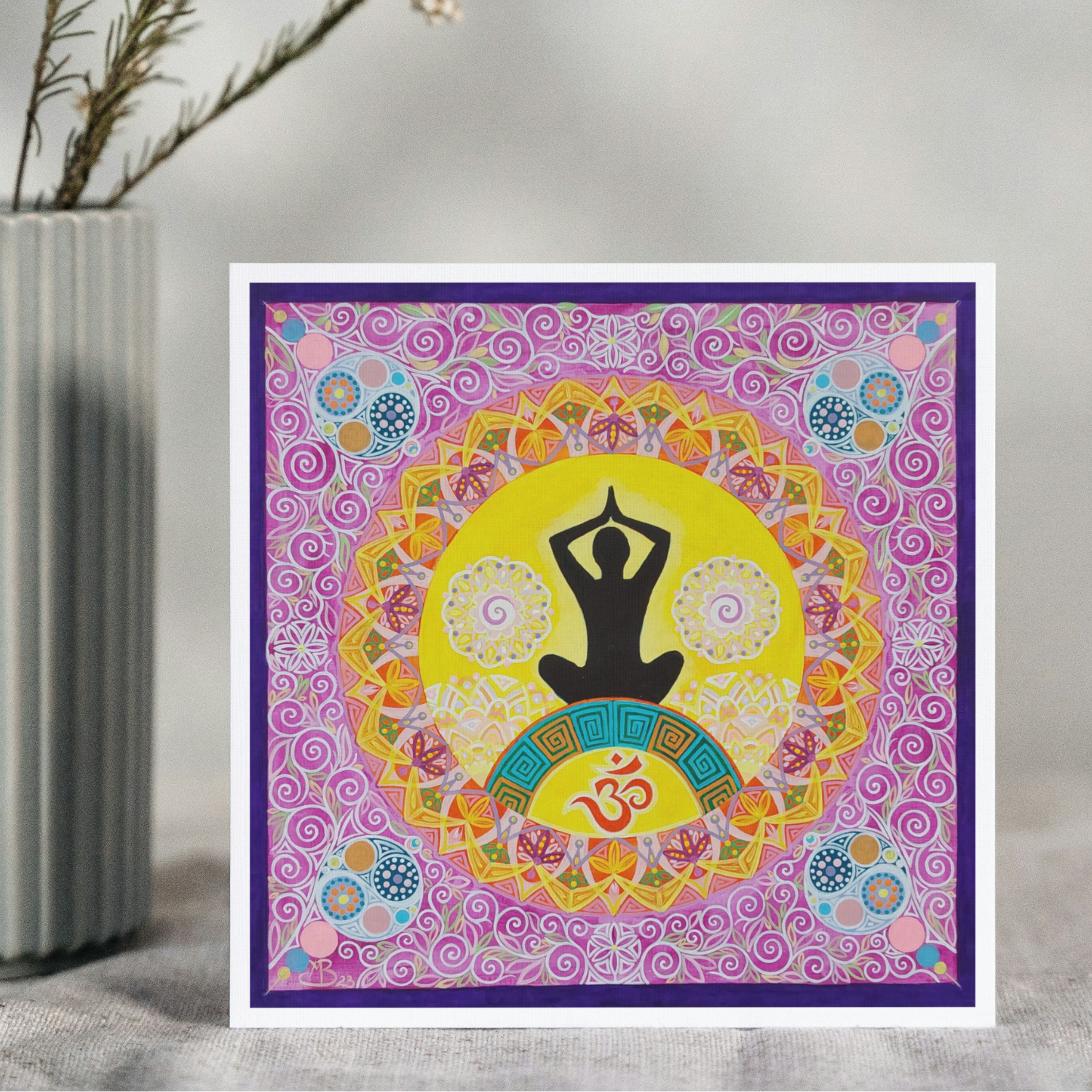 Decorative card with yoga pose and mandala design on a purple border