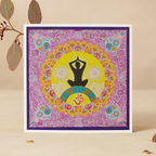 Decorative greeting card with a yoga pose and Om symbol on a colourful patterned mandala background