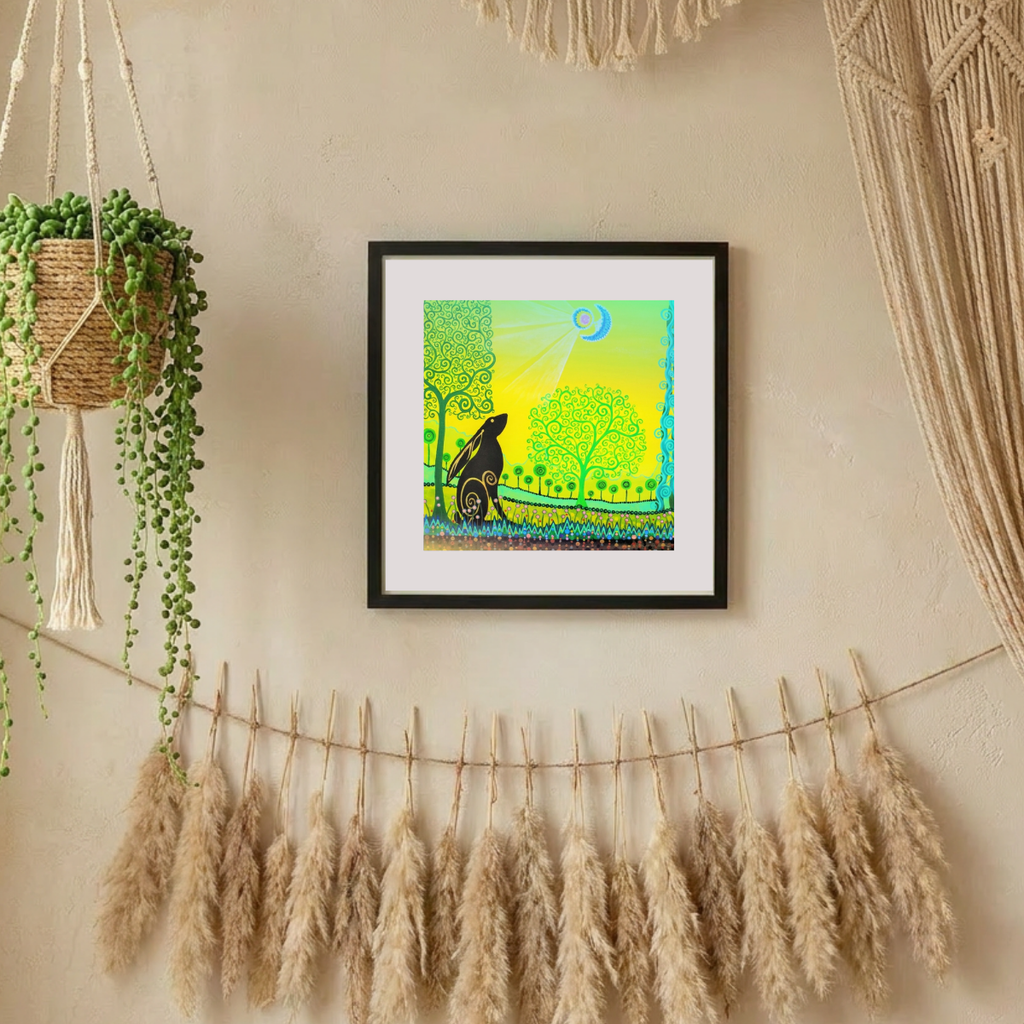 Framed artwork on a wall with decorative elements like potted plants and dried grasses.