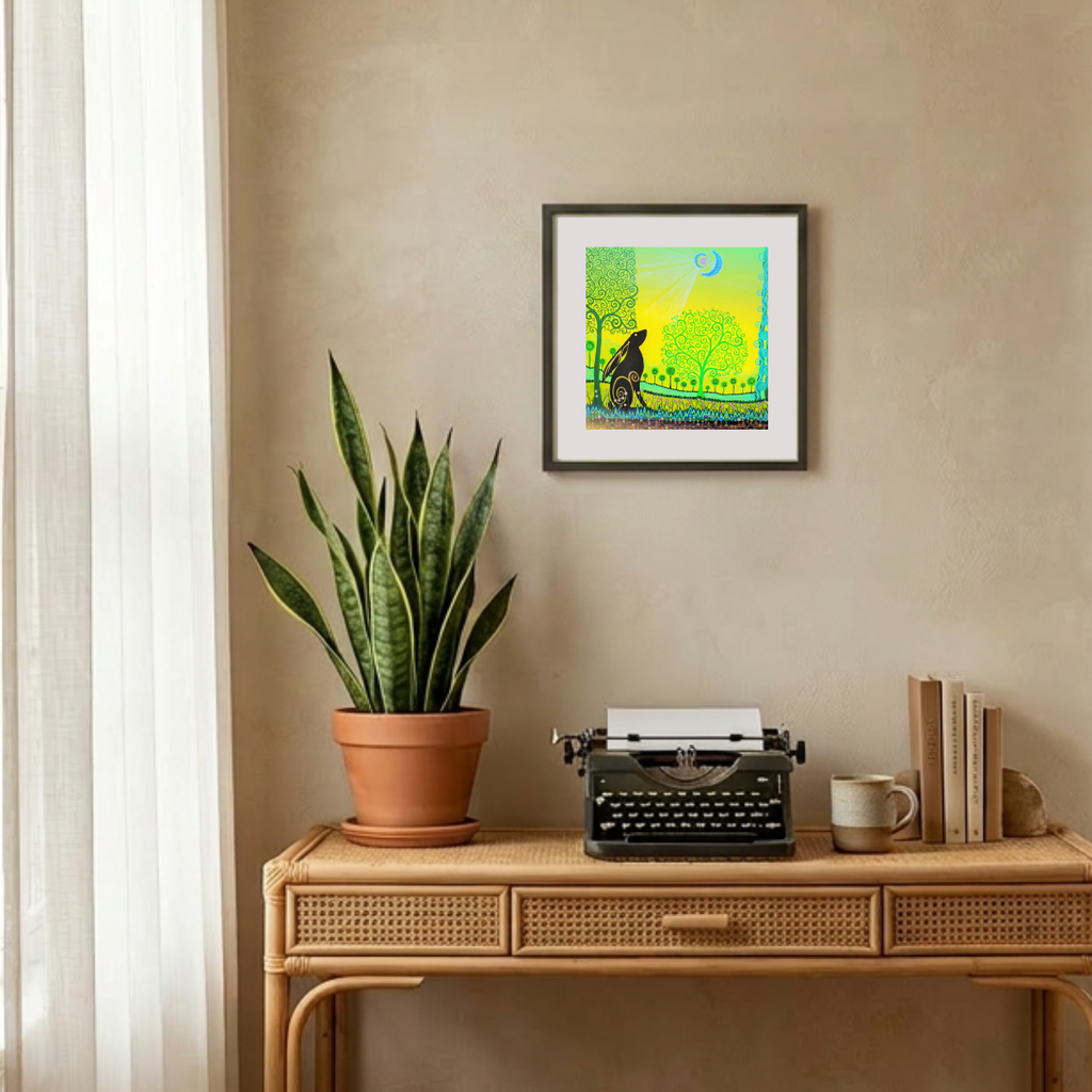 Decorative setup with a potted plant, typewriter, and framed artwork on a beige wall.